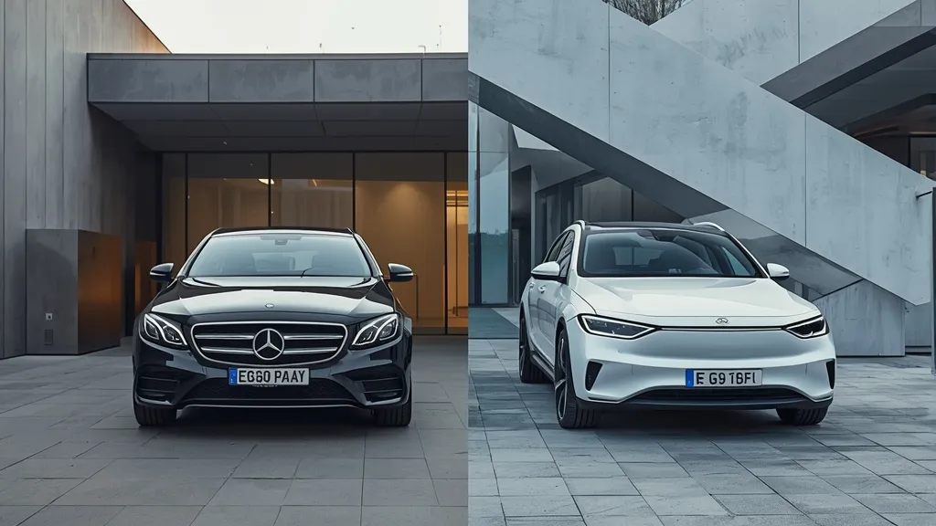 Mercedes-Benz E300 parked next to an all-electric Mercedes-Benz EQE, symbolizing the hybrid-electric future.