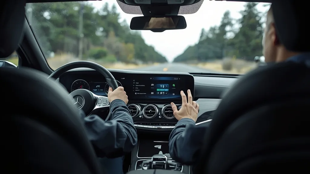 Driver interacting with the Mercedes MBUX E300 infotainment system, demonstrating voice control and touchscreen functionality.