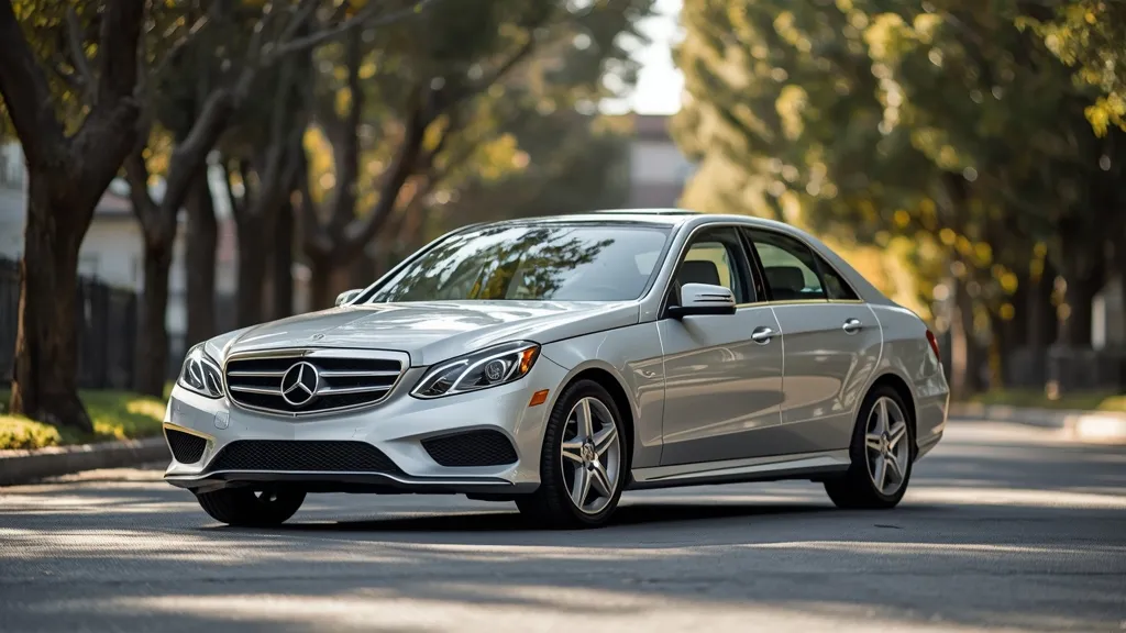 Elegant silver Mercedes-Benz E350 W211 sedan parked on a tree-lined street, showcasing classic luxury design.