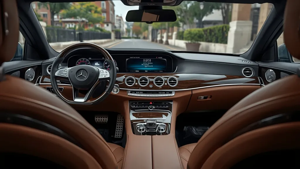 Luxurious interior of a Mercedes-Benz E350 W212, featuring premium leather seats, wood trim, and COMAND infotainment.