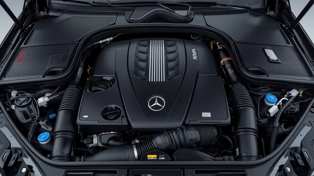 Mercedes-Benz E350 W213 engine bay, highlighting the M264 2.0L turbocharged engine with EQ Boost mild-hybrid technology.