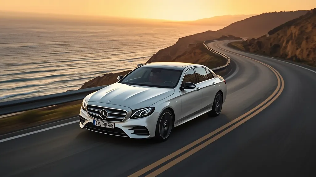 Dynamic shot of a modern Mercedes-Benz E350 W214 sedan driving on a scenic coastal highway at sunset, showing elegant performance.