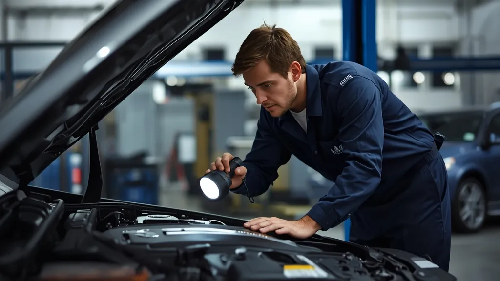Mechanic performing a pre-purchase inspection on a used Mercedes-Benz E350, checking under the hood for common problems.