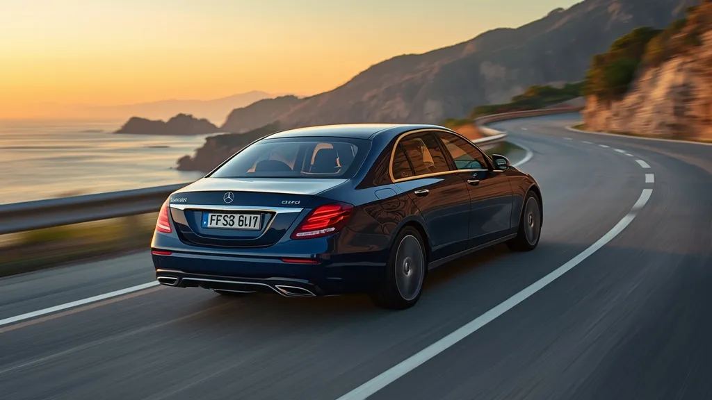 Mercedes-Benz E400 W213 sedan driving on a scenic road, showcasing its elegant design and performance.