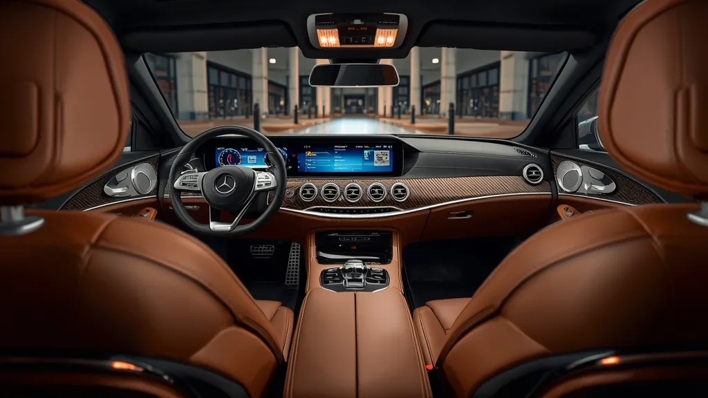 Interior of a Mercedes-Benz E400 coupe, featuring luxurious leather seats, digital cockpit, and ambient lighting.