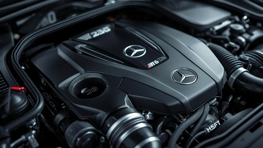 Close-up of the Mercedes-Benz M276 V6 biturbo engine, showcasing its engineering and power for the E400.