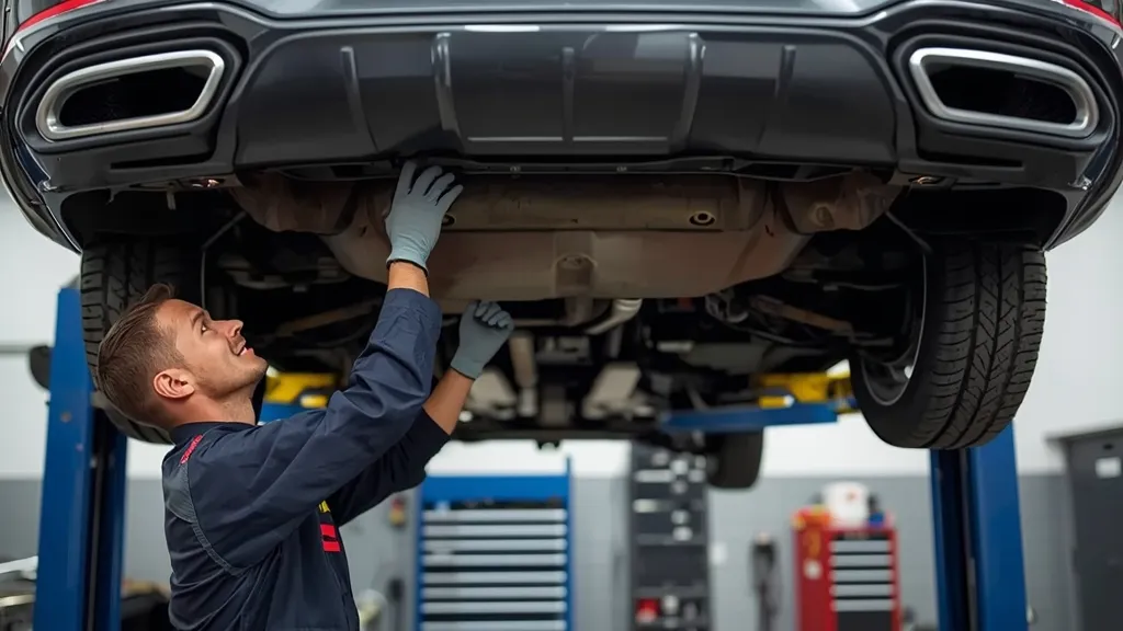 Mechanic inspecting the undercarriage of a Mercedes-Benz E400, representing common problems and maintenance.