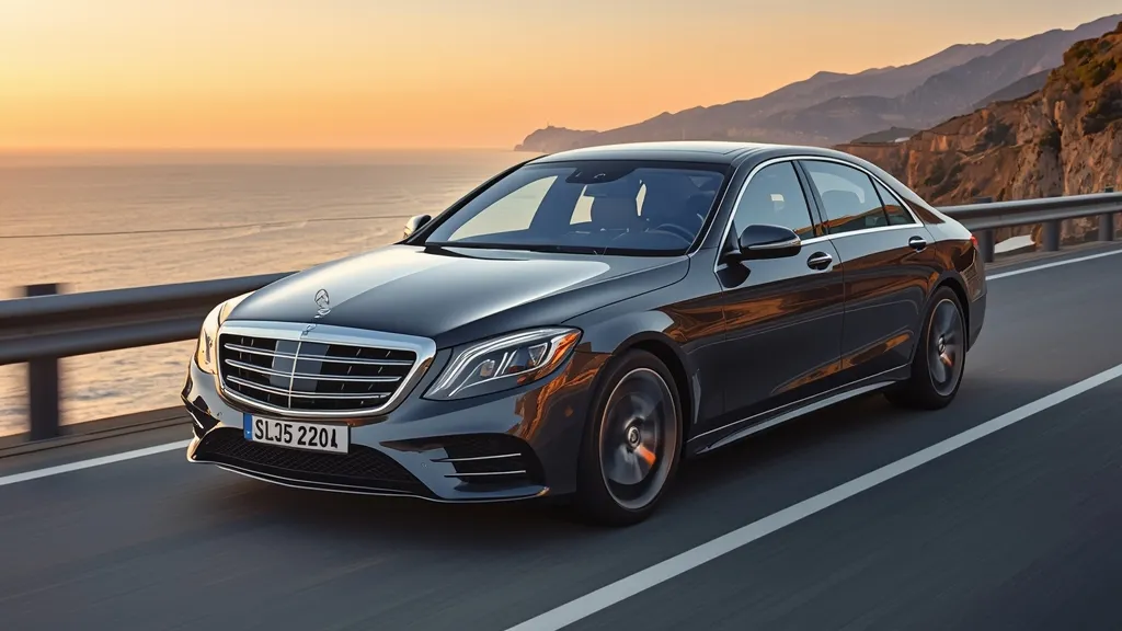 Elegant W221 Mercedes-Benz S350 BlueTEC cruising on a scenic European highway at sunset, showcasing its classic luxury.