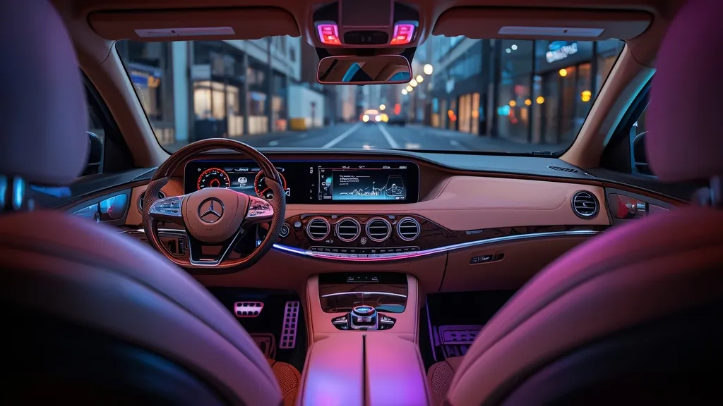 Luxurious interior of a W222 Mercedes-Benz S350d, highlighting the dual screens, premium leather, and ambient lighting.