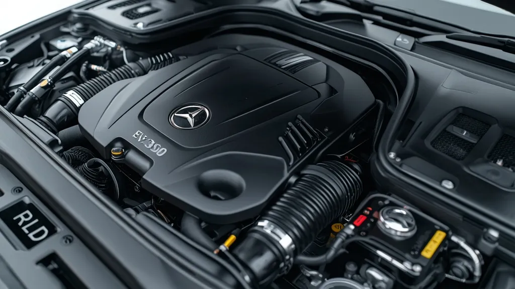 Detailed engine bay of a W223 Mercedes-Benz S350d, showcasing the inline-six turbodiesel with mild-hybrid EQ Boost technology.