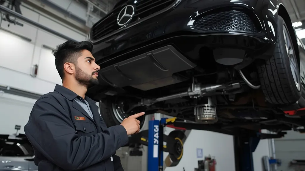 Mechanic performing a thorough pre-purchase inspection on a used Mercedes-Benz S350 Airmatic suspension system.