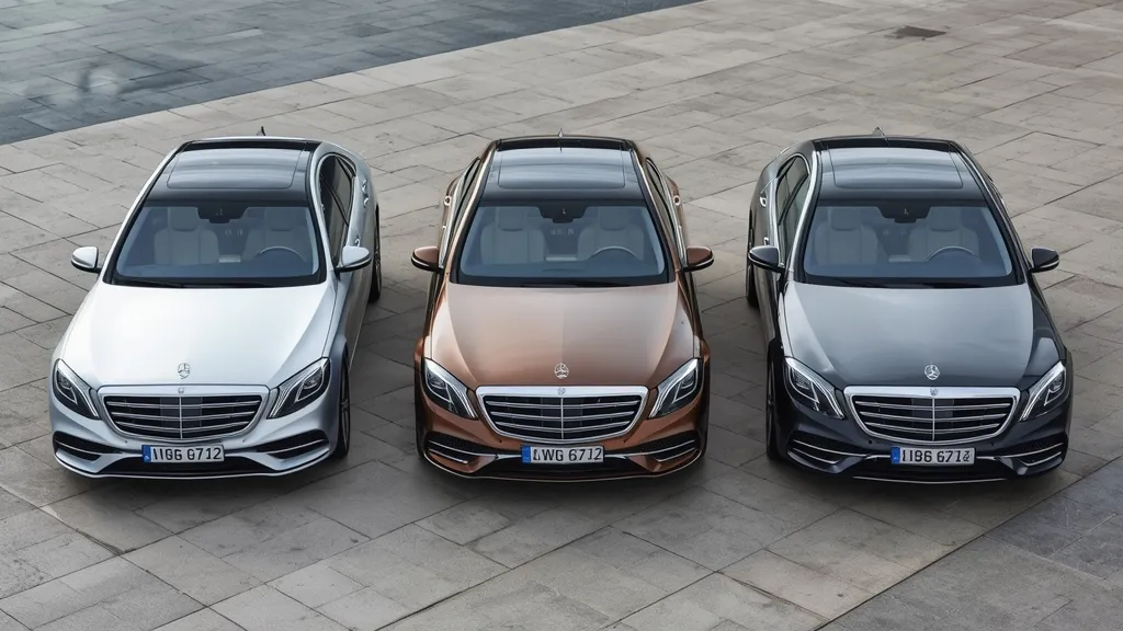 Evolution of Mercedes-Benz S350 models: W221, W222, and W223 generations parked together, showing design progression.