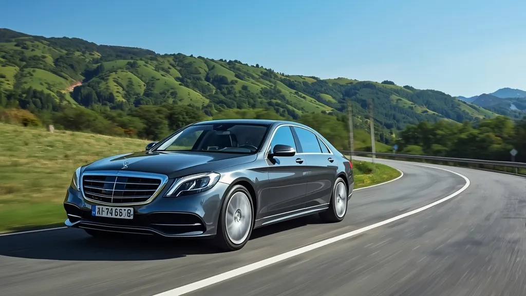 A powerful Mercedes-Benz S400d W222 driving on a scenic European highway, emphasizing efficiency and luxury.