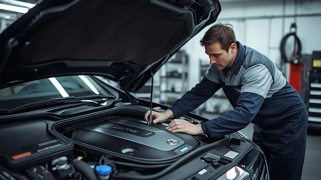 A mechanic examining the high-voltage battery of a W221 Mercedes-Benz S400 Hybrid, illustrating potential repair costs.