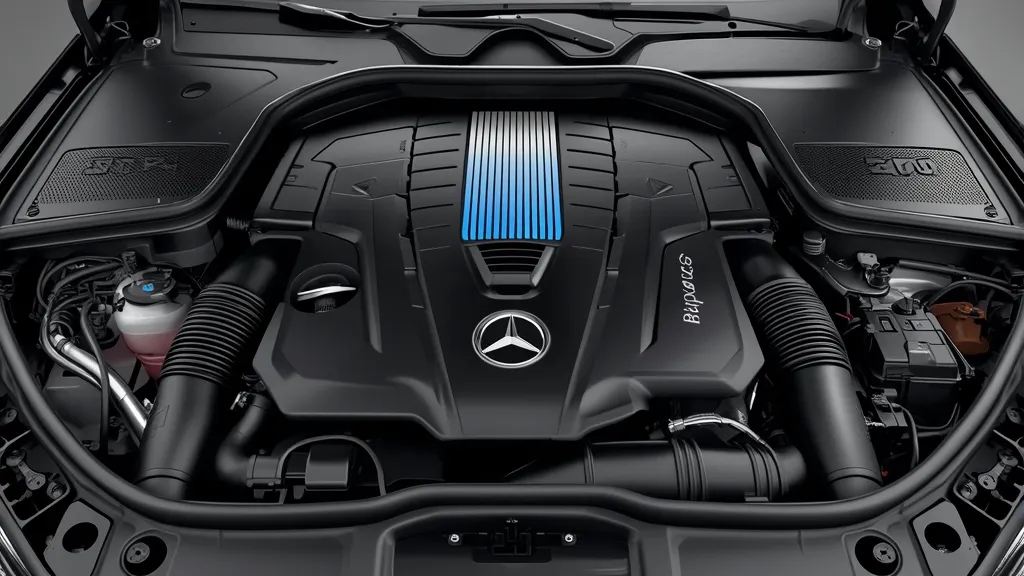 A modern Mercedes-Benz S-Class (W223) engine bay, showcasing the compact 48V mild-hybrid EQ Boost system.