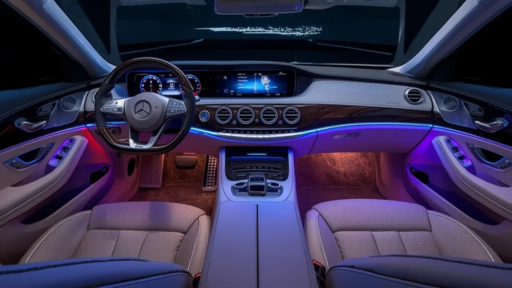 Luxurious S450 interior featuring MBUX infotainment, premium leather seats, and ambient lighting for ultimate comfort.