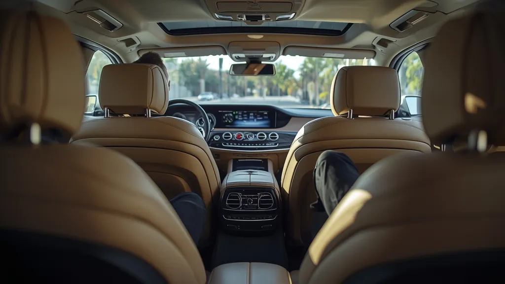 Rear passenger enjoying the spacious, luxurious Mercedes-Benz S450 interior, highlighting comfort and advanced features.