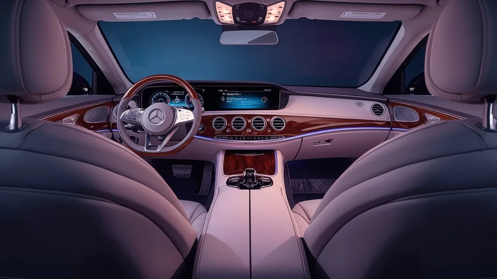 Luxurious W223 Mercedes-Benz S500 interior, highlighting the MBUX display and premium cabin materials.