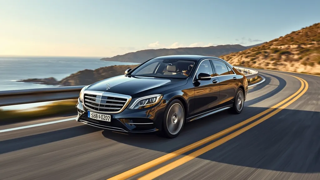 Mercedes-Benz S500 driving smoothly on a scenic road, demonstrating its refined performance and comfort.