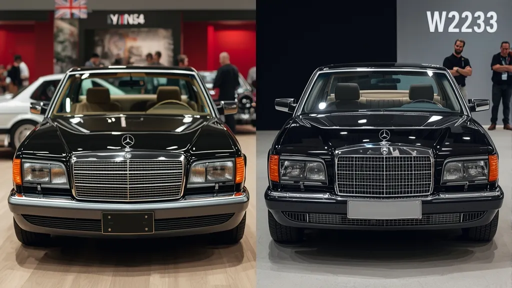 Historical Mercedes-Benz W140 S500 alongside the modern W223 S500, illustrating design evolution.