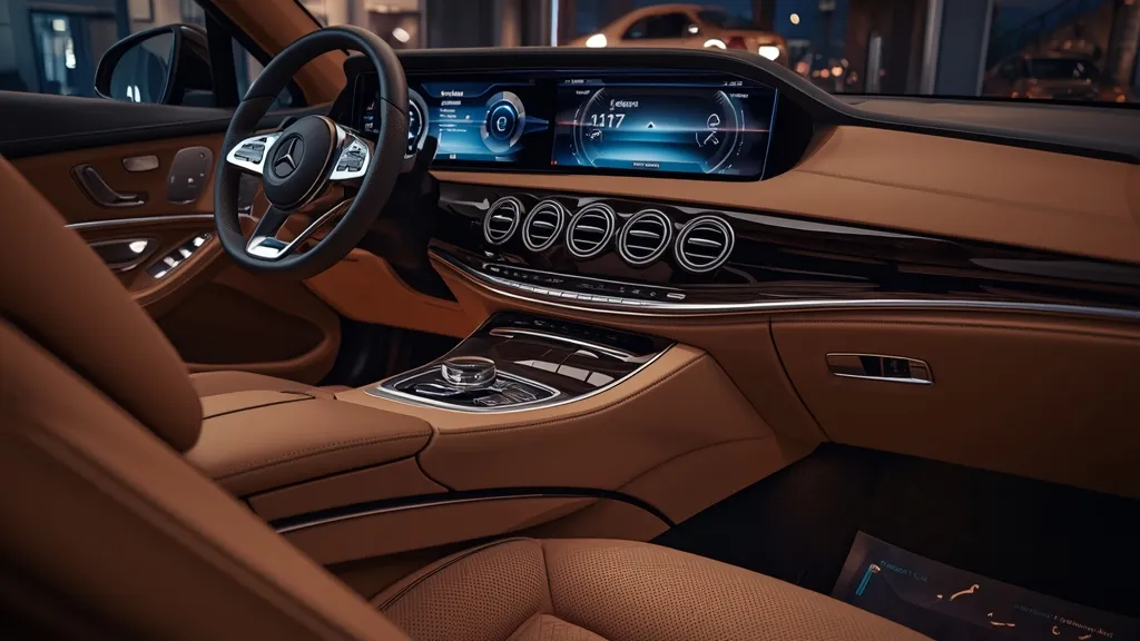 Mercedes-Benz S560 W222 interior showcasing luxurious leather seats, wood trim, and dual infotainment screens.