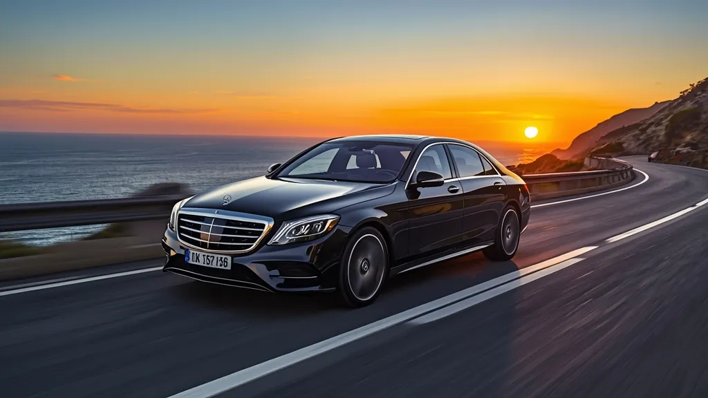 Elegant Mercedes-Benz S560 sedan driving on a scenic coastal road at sunset, highlighting its sleek design.