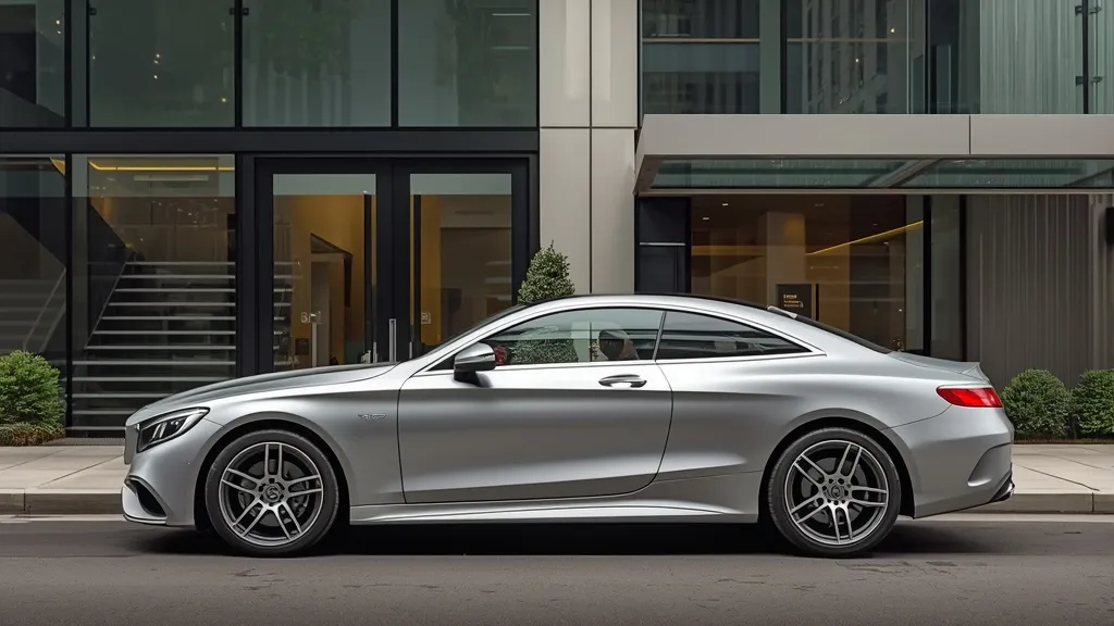 Mercedes-Benz S560 Coupe parked in front of a modern luxury building, emphasizing its sporty and refined design.