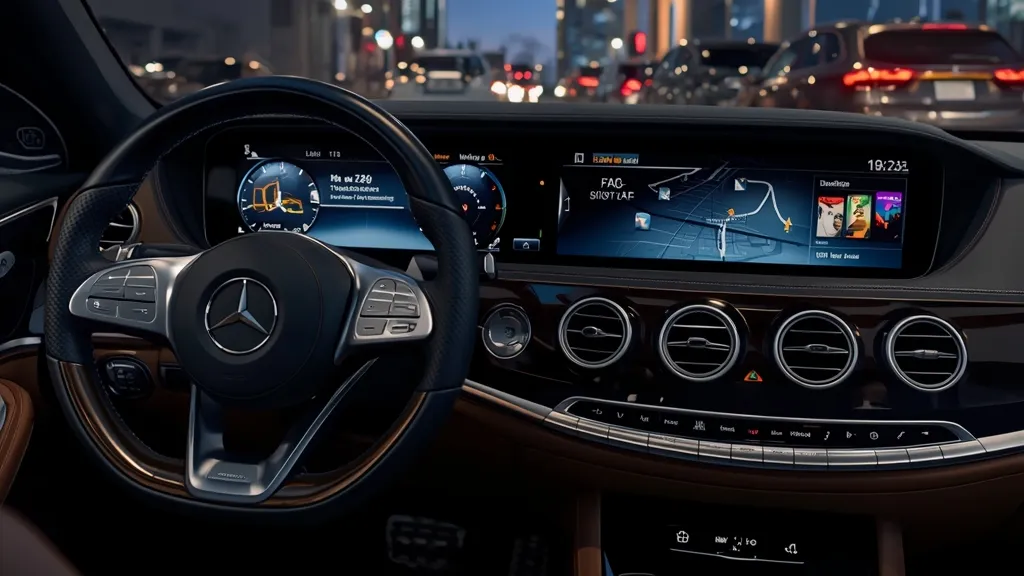 Mercedes-Benz S560 dashboard with COMAND system displaying navigation, highlighting advanced technology and controls.