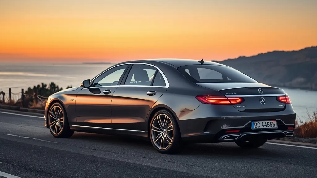 Mercedes-Benz S580 exterior showcasing sleek lines, flush door handles, and LED lighting signature at sunset.