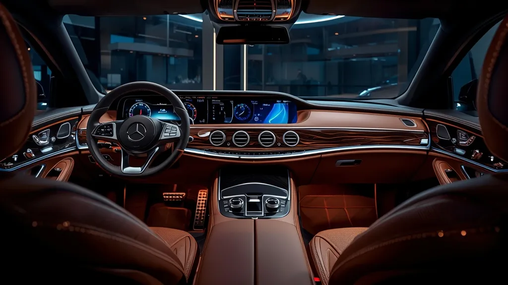 Plush S580 interior quality with large MBUX screen, wood trim, ambient lighting, and comfortable leather seats.