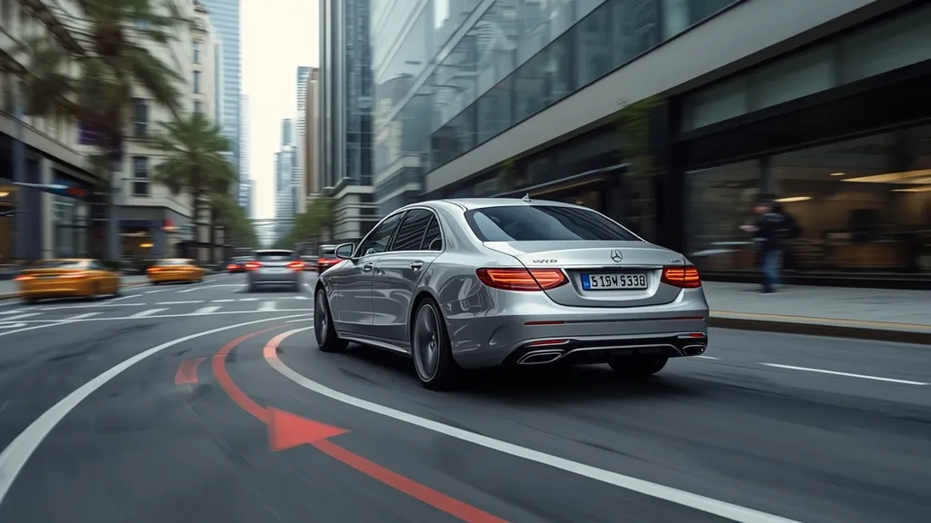 Mercedes S580 rear-axle steering concept, showing wheels turning for improved maneuverability in urban setting.