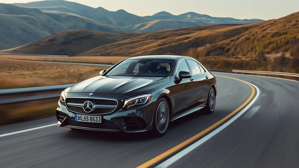 Mercedes-Benz S580 cruising effortlessly on a winding highway, demonstrating serene power and refinement.