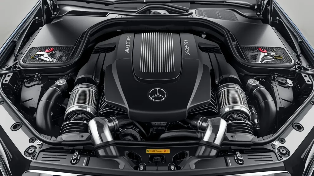 Detailed shot of a modern Mercedes-Maybach S680 V12 engine bay, highlighting its twin-turbo V12 power unit.