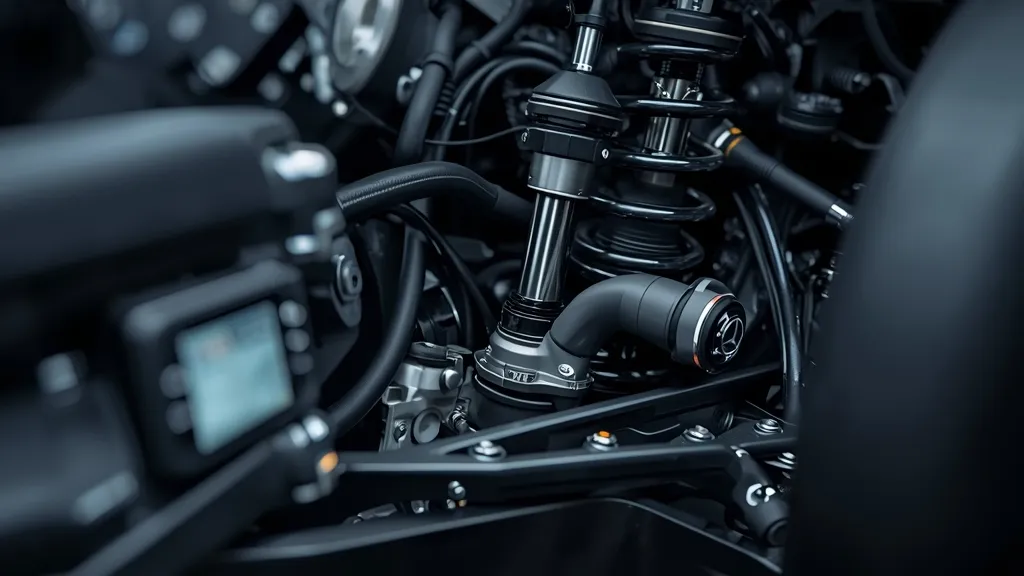 Close-up of a Mercedes-Benz S600 Active Body Control (ABC) suspension system, showing its advanced engineering.