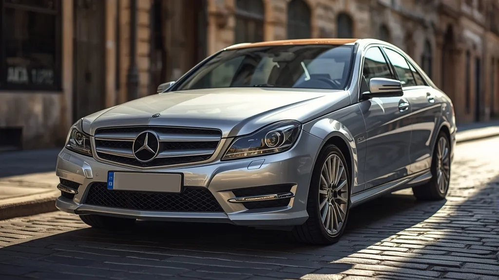Mercedes C-Class W204 sedan, silver, showcasing elegant design and classic grille on a sunny street.