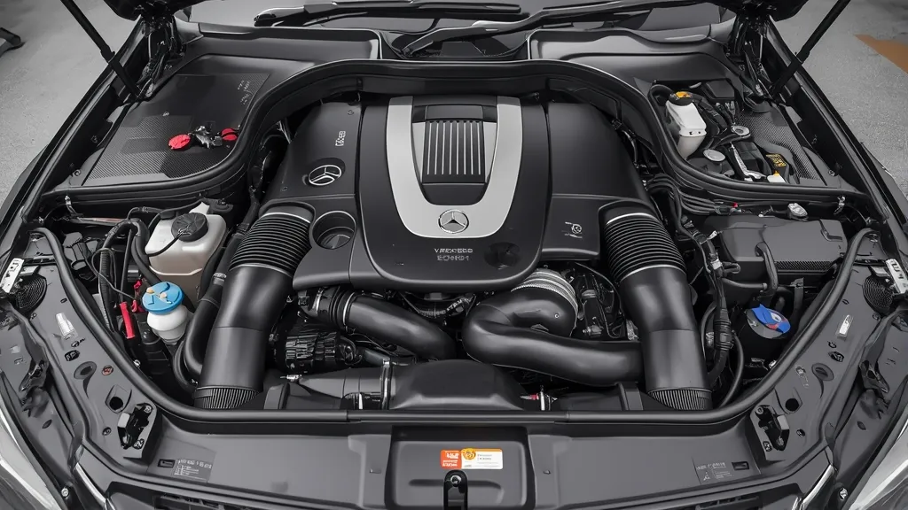 Mercedes C-Class W204 engine bay, M272 V6 engine, highlighting the complexity for maintenance and inspection.