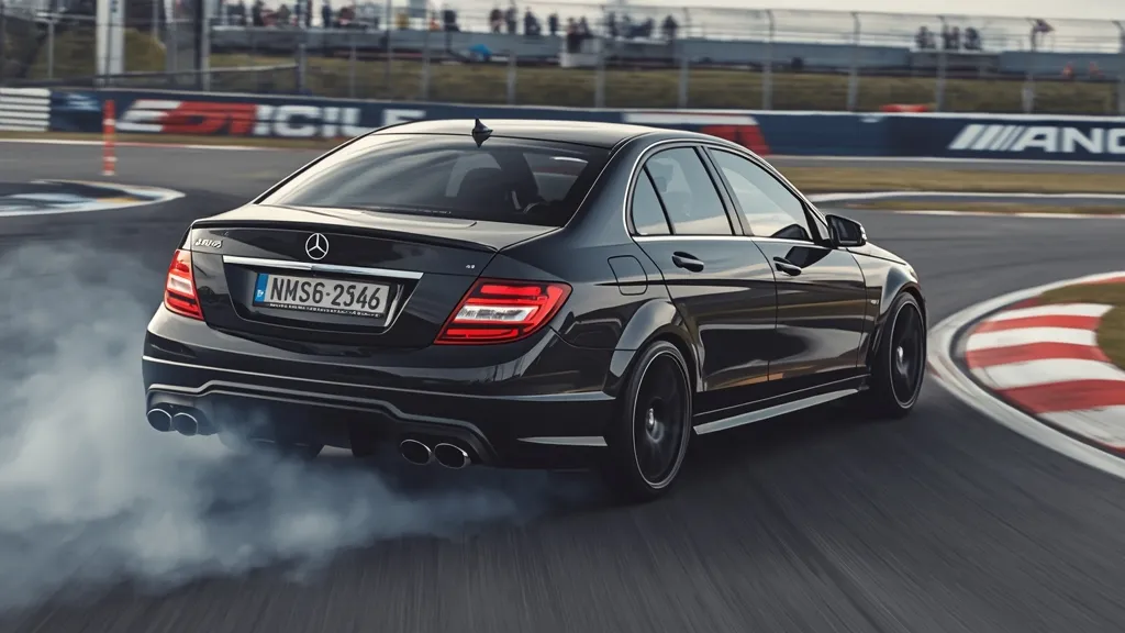 Dynamic shot of a black C63 AMG W204 sedan cornering on a track, emphasizing its raw performance.