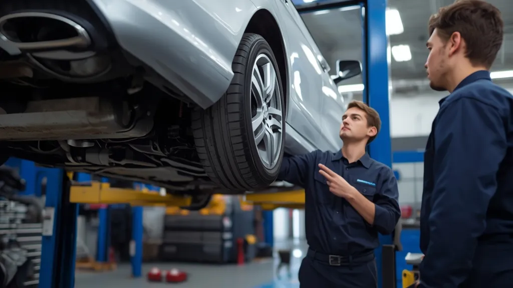 Mechanic inspecting a Mercedes C-Class W204 on a lift, performing a pre-purchase inspection for a buyer.