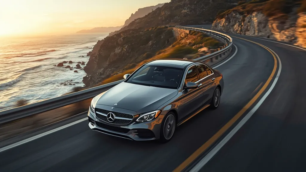 Elegant Mercedes C-Class W205 sedan driving on a scenic road, showcasing its modern design.