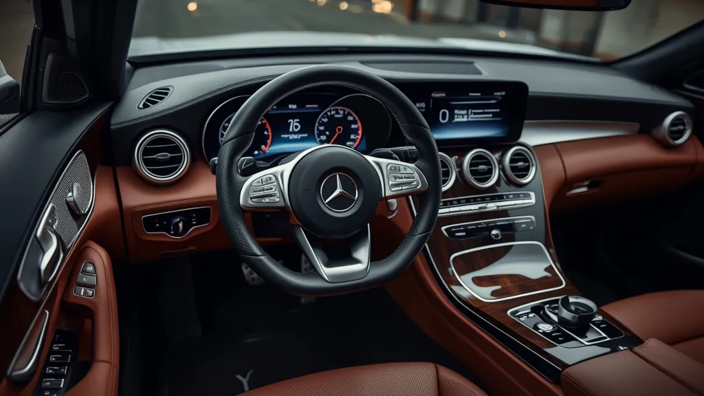 Luxurious interior of a Mercedes C-Class W205, highlighting premium materials and infotainment screen.