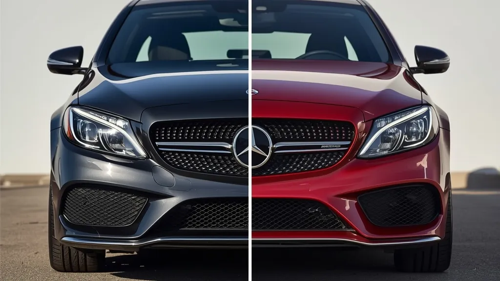 Comparing W205 facelift and pre-facelift models side-by-side, highlighting design changes.