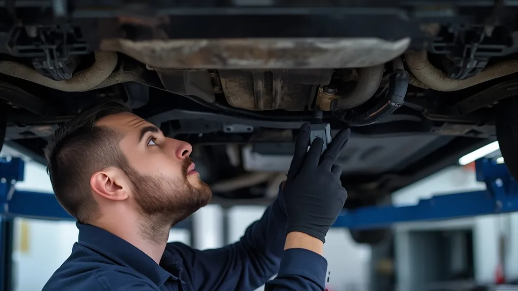 Professional mechanic performing a pre-purchase inspection on a used Mercedes C-Class W205.