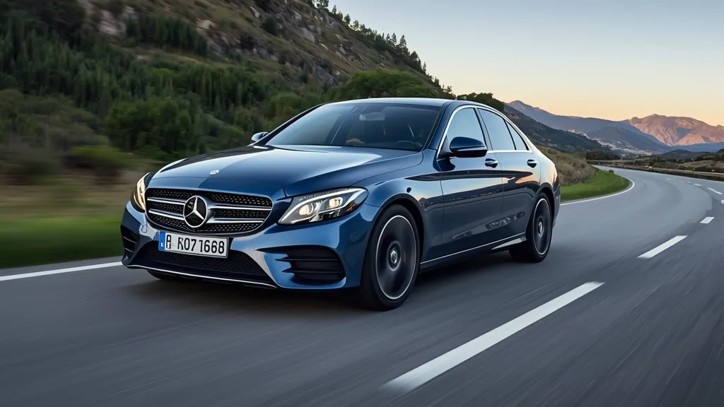 Mercedes C-Class W206 C300 sedan in motion, showcasing sleek exterior design and LED lighting.