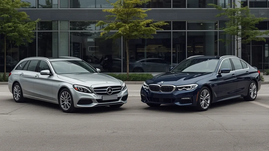 Mercedes C-Class W206 parked beside a BMW 3 Series, emphasizing competitive luxury sedans.
