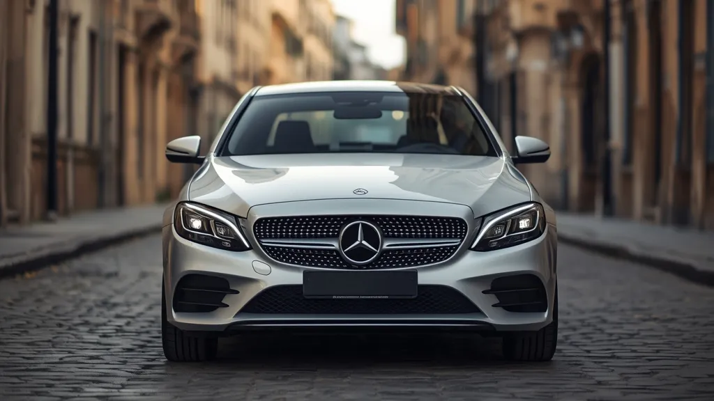 Mercedes C200 2024 exterior front three-quarter view in a European city street, highlighting its elegant design.
