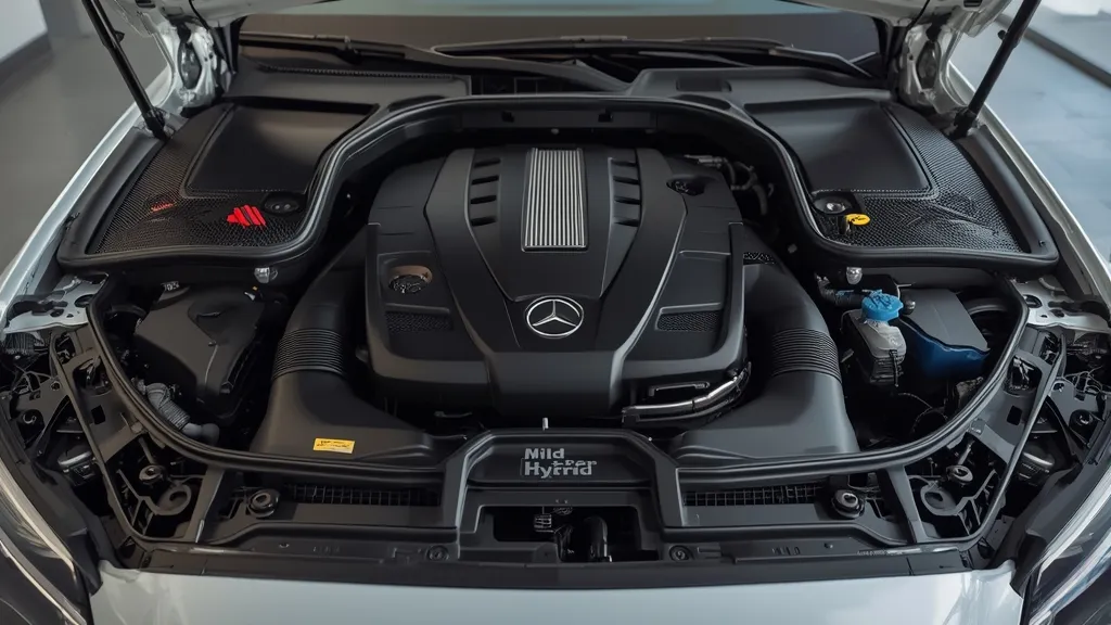 Mercedes C300 2024 engine bay, emphasizing the 2.0-liter turbocharged mild-hybrid powertrain for US market.