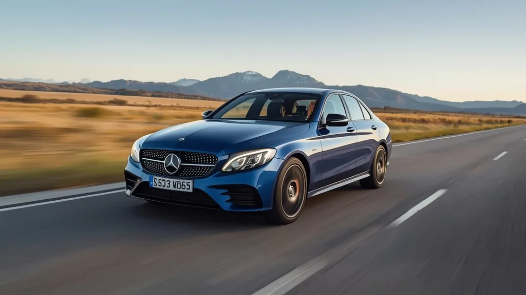Dynamic shot of Mercedes C300 2024 driving on an open US highway, showcasing its performance and design.