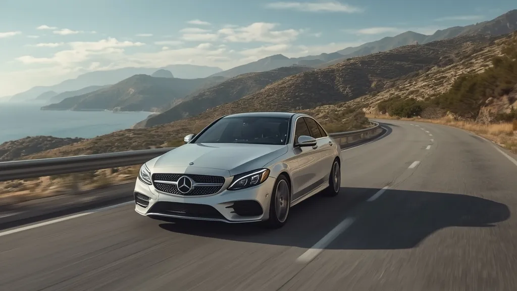 Mercedes C200 Avantgarde driving smoothly on a scenic highway, illustrating Mercedes C200 mild hybrid performance and refined ride.