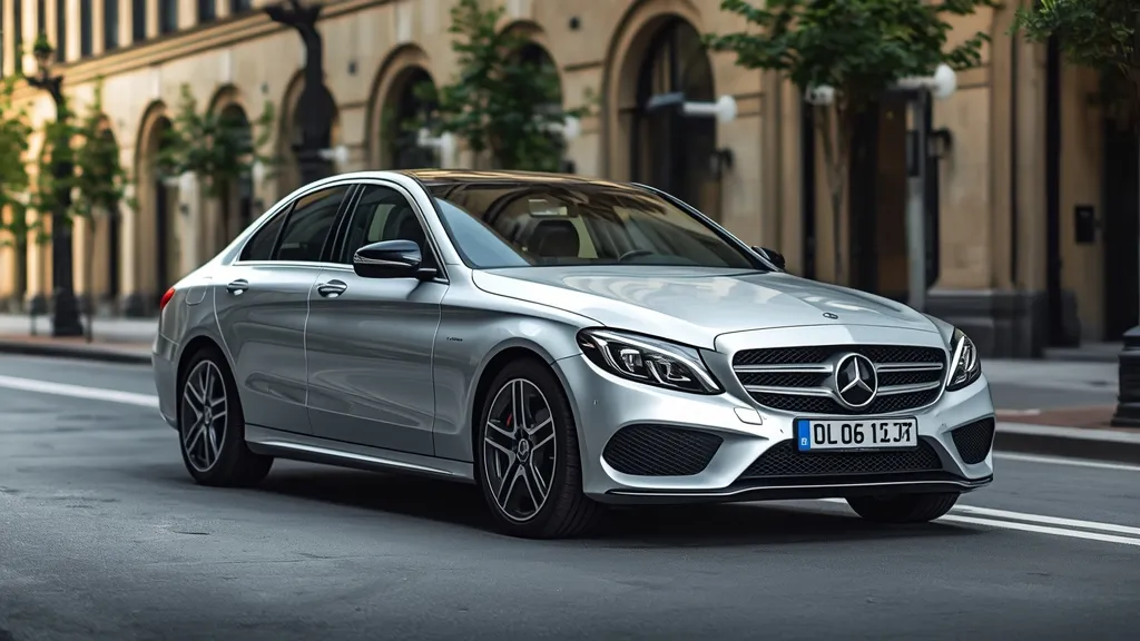 Elegant silver Mercedes C200 W204 sedan showcasing its timeless design on a modern city street.