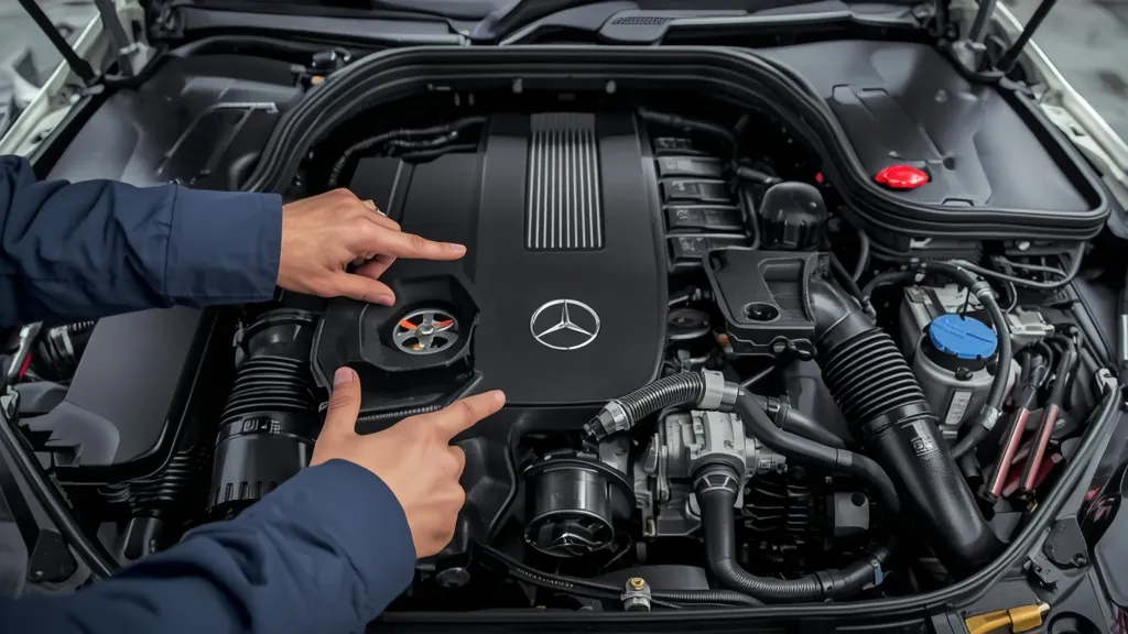 Mechanic inspecting the M271 engine bay of a Mercedes C200 W204, highlighting potential timing chain issue areas.